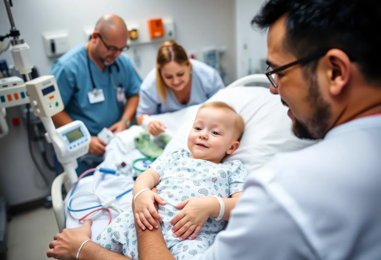 Child on ECMO machine receiving medical care in a hospital