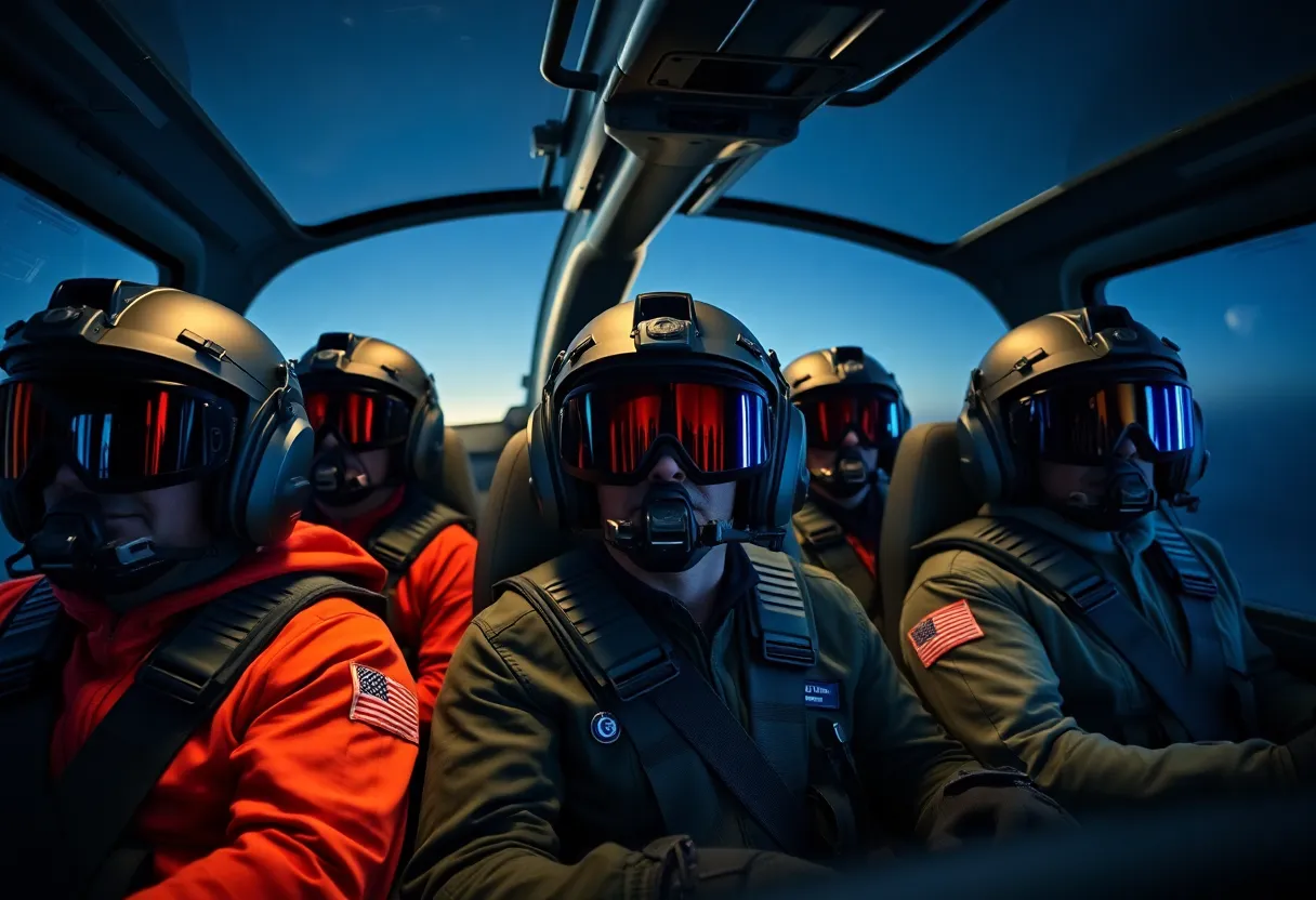 Pilots operating a helicopter with night vision goggles