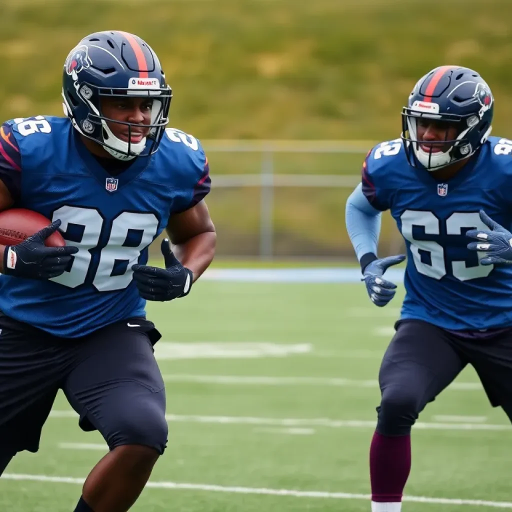 Two NFL players training on a football field, showcasing teamwork and athleticism.