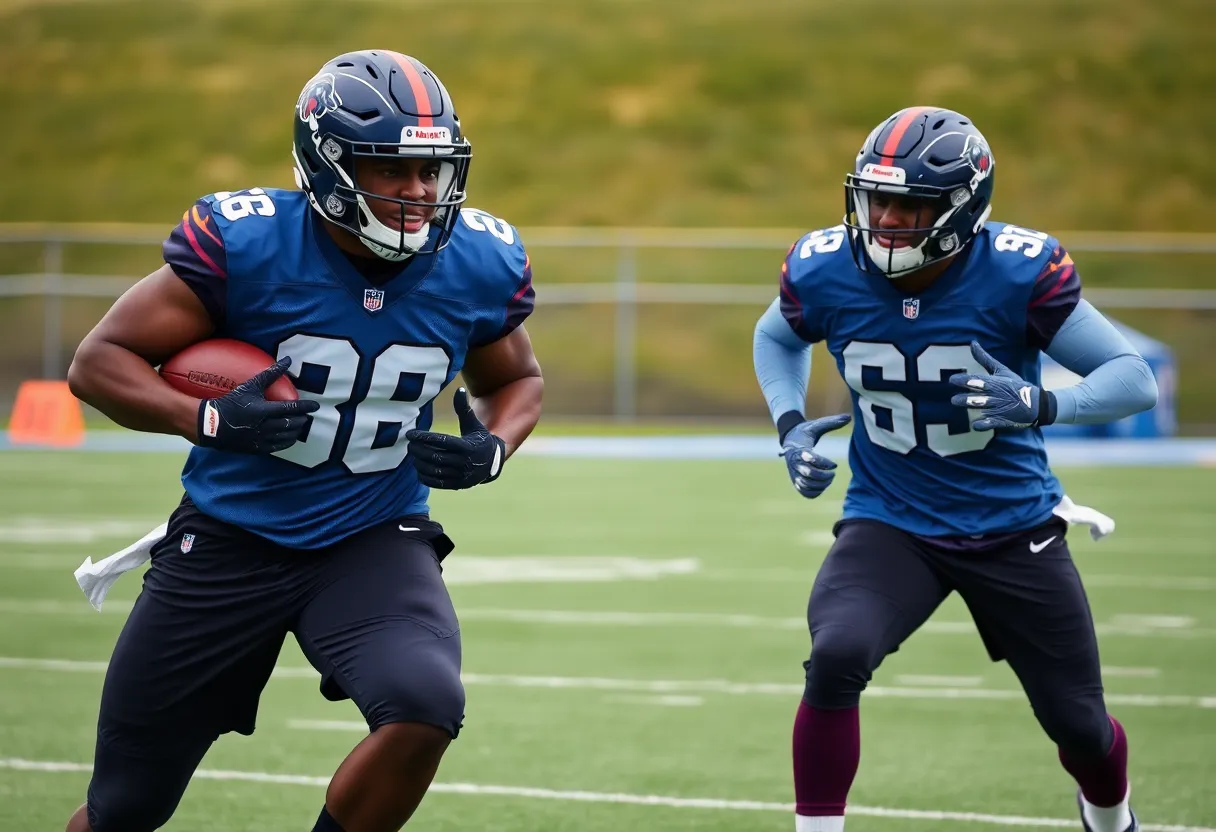 Two NFL players training on a football field, showcasing teamwork and athleticism.