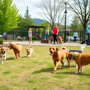 Dogs playing at the Riverbend Dog Park in Asheville