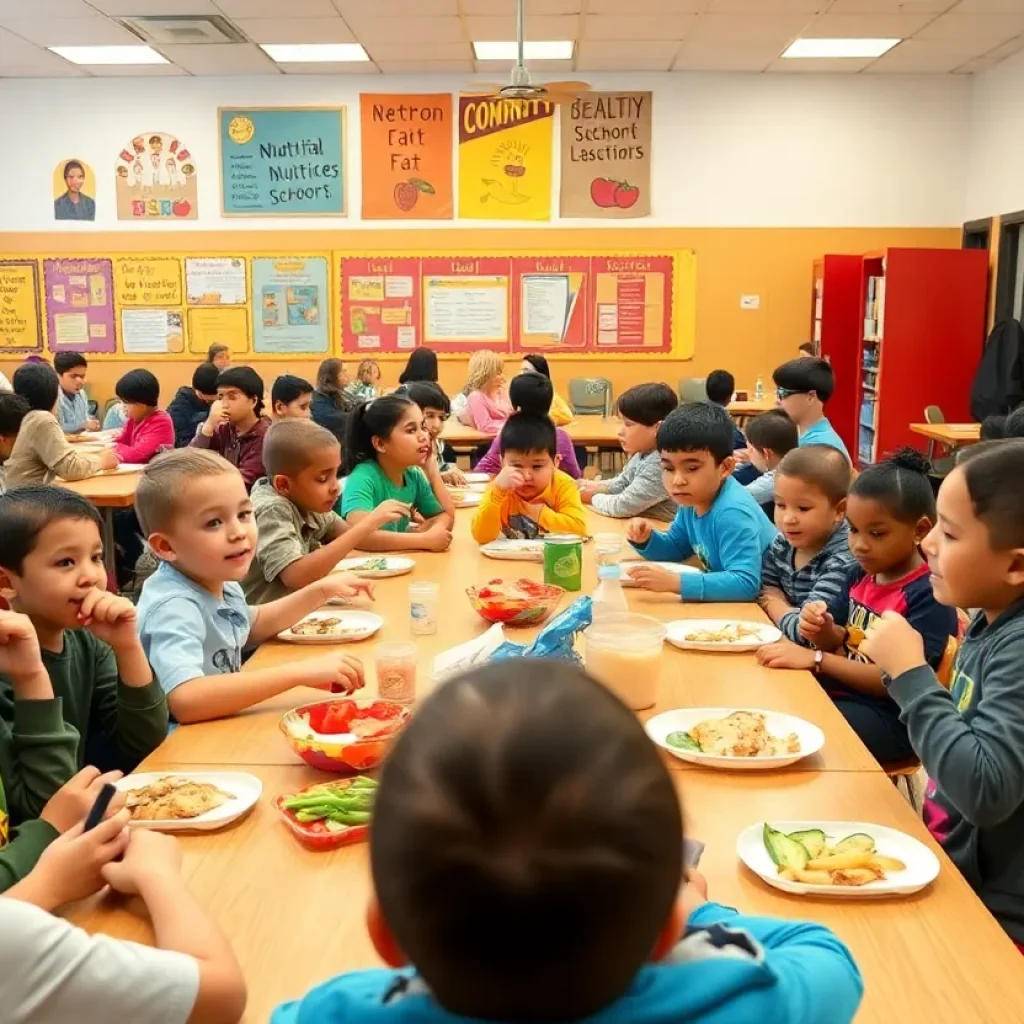 Students in a cafeteria enjoying free meals provided by Asheville City Schools.