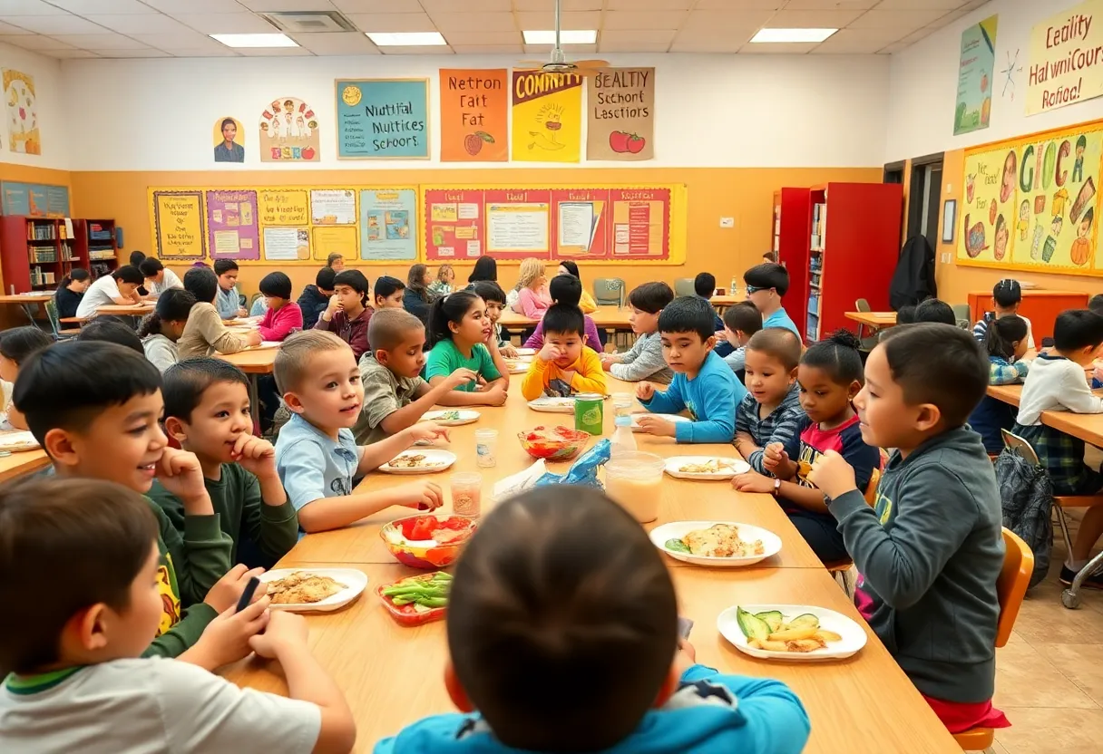 Students in a cafeteria enjoying free meals provided by Asheville City Schools.