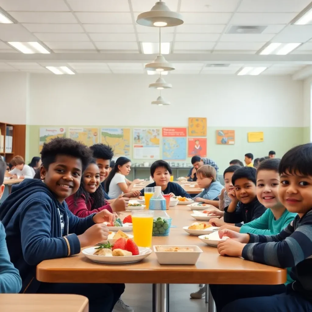 Group of students in a cafeteria enjoying nutritious meals together