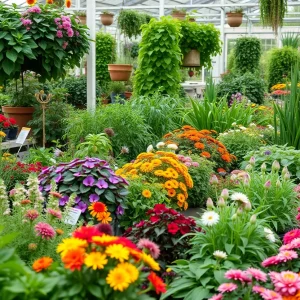 A colorful display of plants in a garden center representing growth and transition