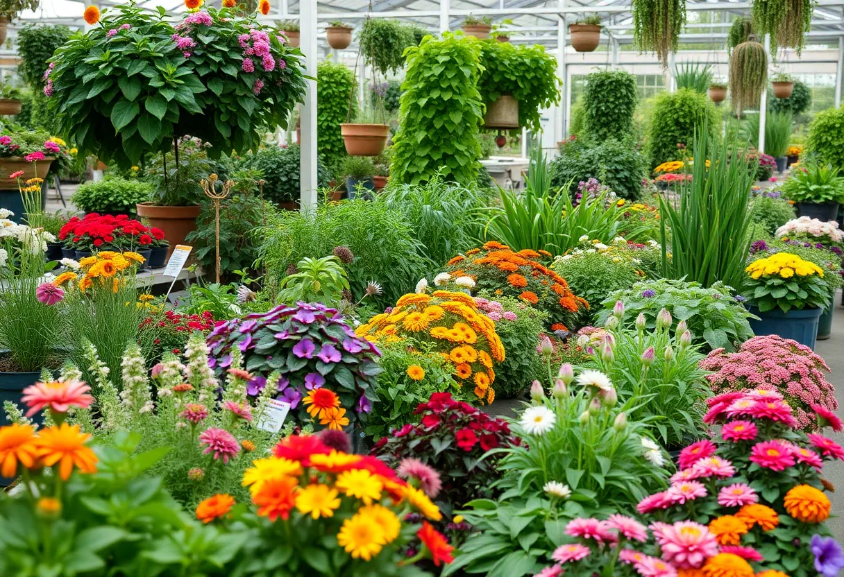 A colorful display of plants in a garden center representing growth and transition