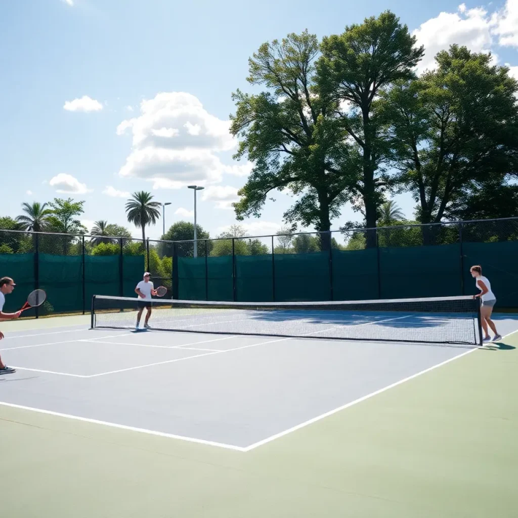 Tennis court with players practicing