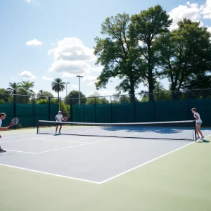 Tennis court with players practicing