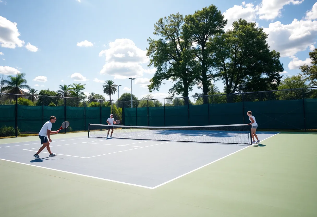 Tennis court with players practicing