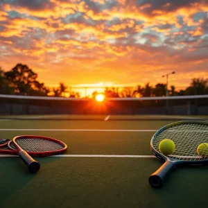 Tennis court with sunset background