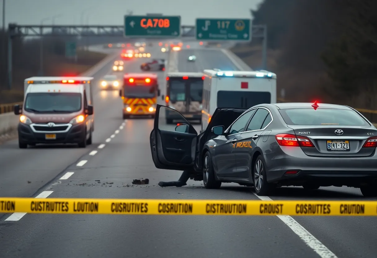 Emergency response at a car crash scene on a highway.