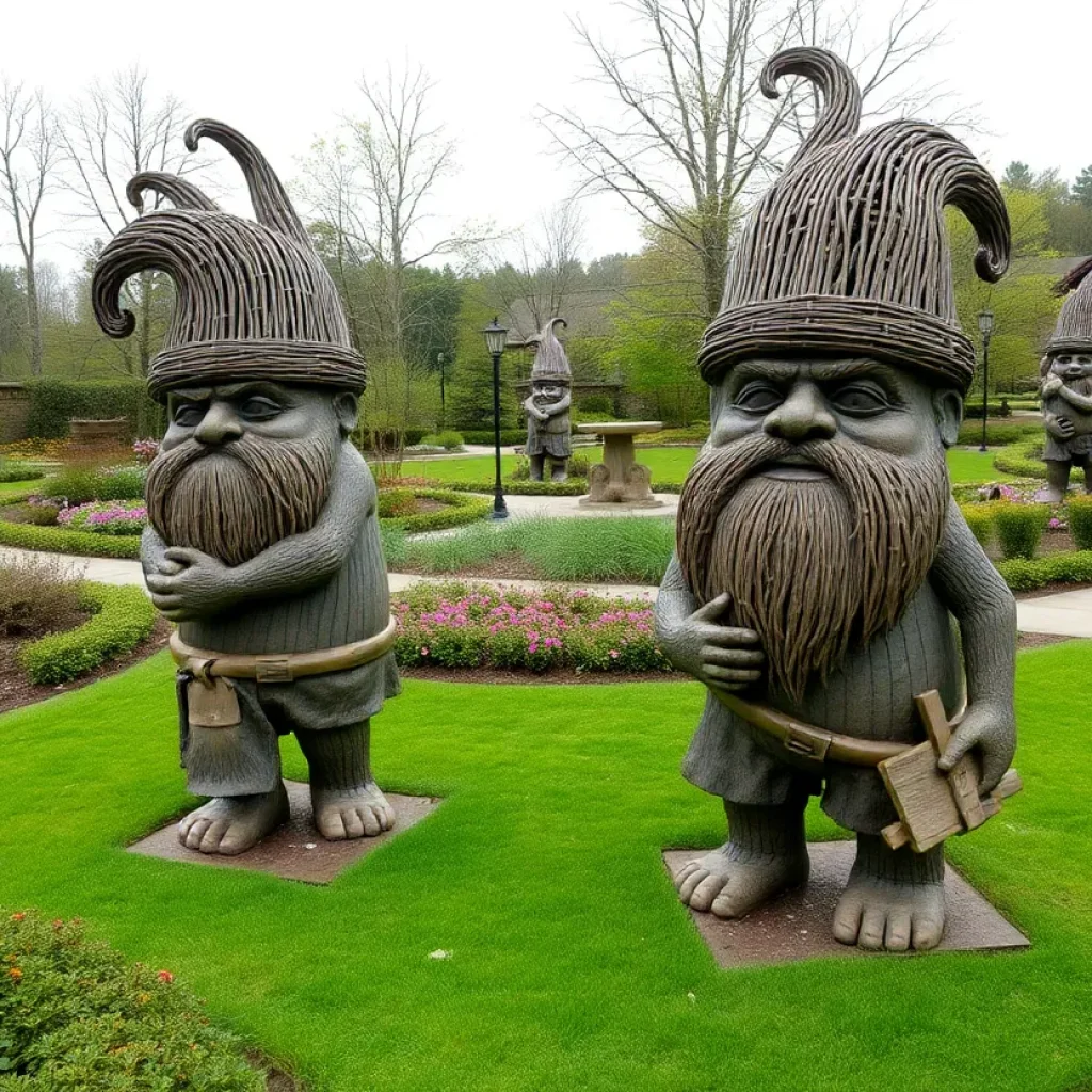 Giant troll sculptures in a garden setting at an art exhibition