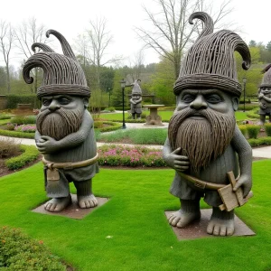 Giant troll sculptures in a garden setting at an art exhibition