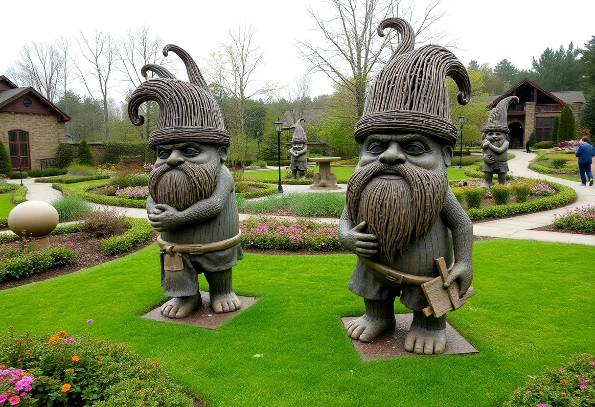 Giant troll sculptures in a garden setting at an art exhibition