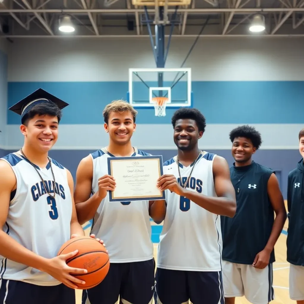 Basketball players celebrating academic honors