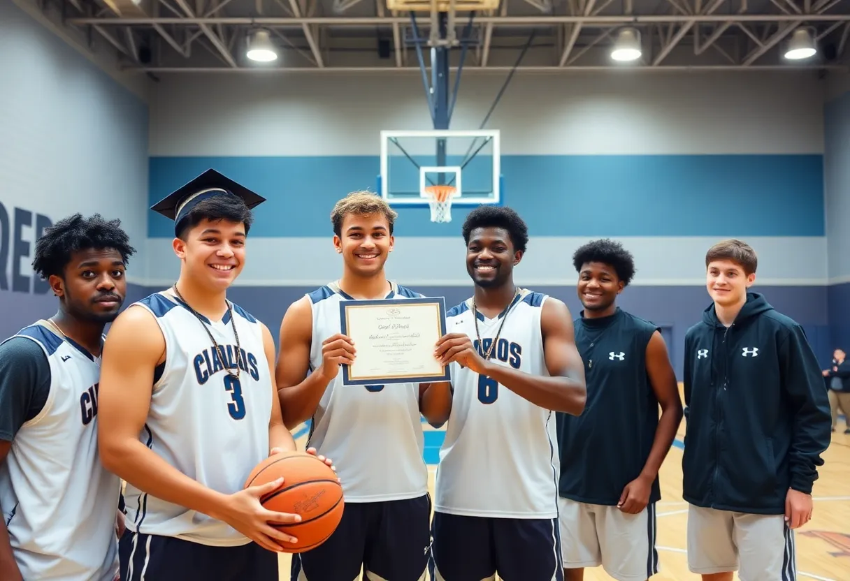 Basketball players celebrating academic honors