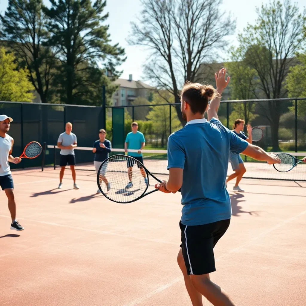 Players practicing tennis on a university court.