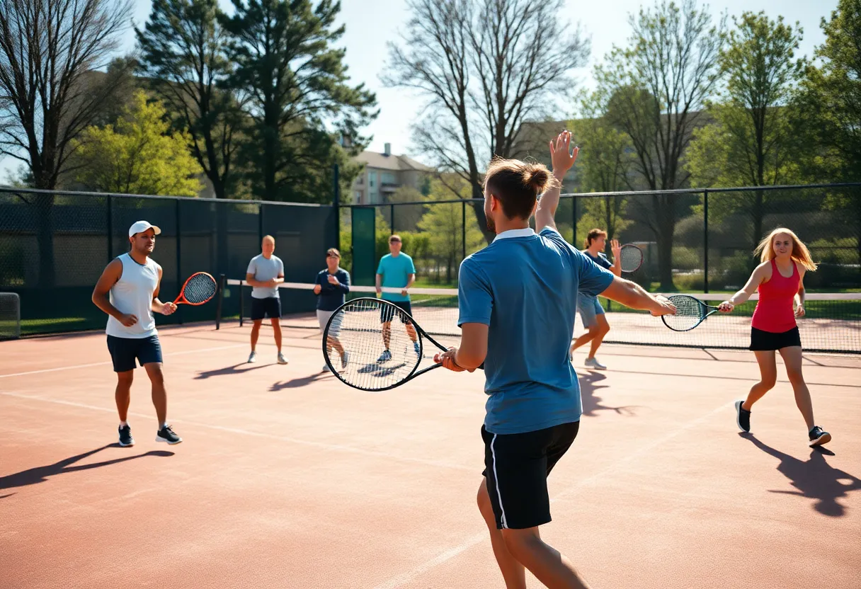 Players practicing tennis on a university court.