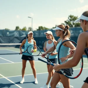 Women's tennis team from UNC Asheville competing on the court.