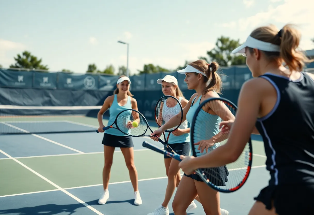 Women's tennis team from UNC Asheville competing on the court.
