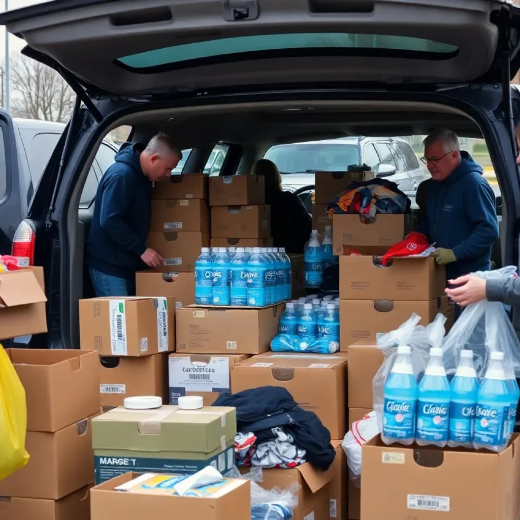 Volunteers preparing supplies for flood relief efforts in Asheville