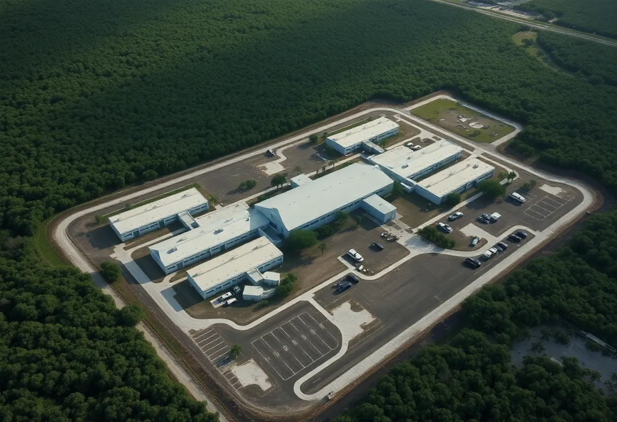 Overview of Alligator Alcatraz immigration detention facility in the Everglades