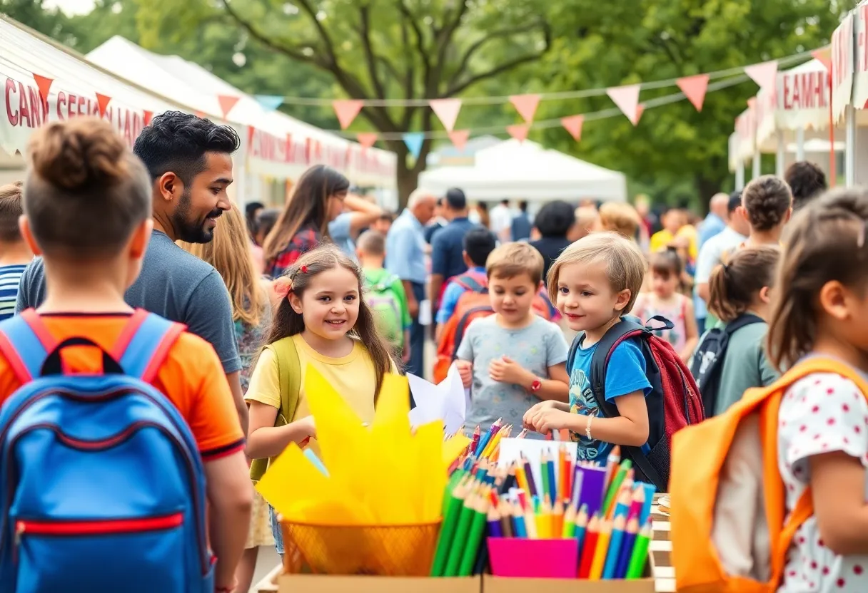 Families enjoying activities at a back-to-school festival in Asheville