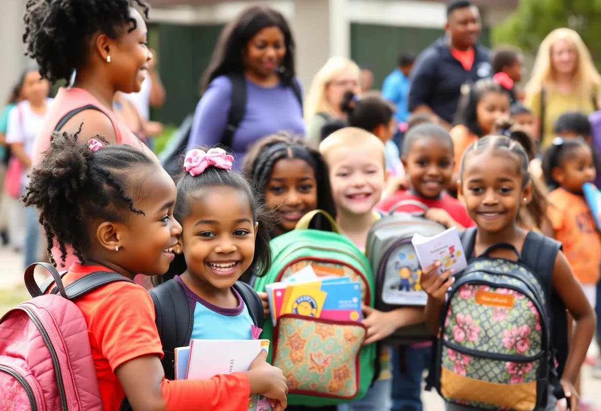 Children receiving backpacks filled with school supplies at the Asheville Backpack Giveaway event.