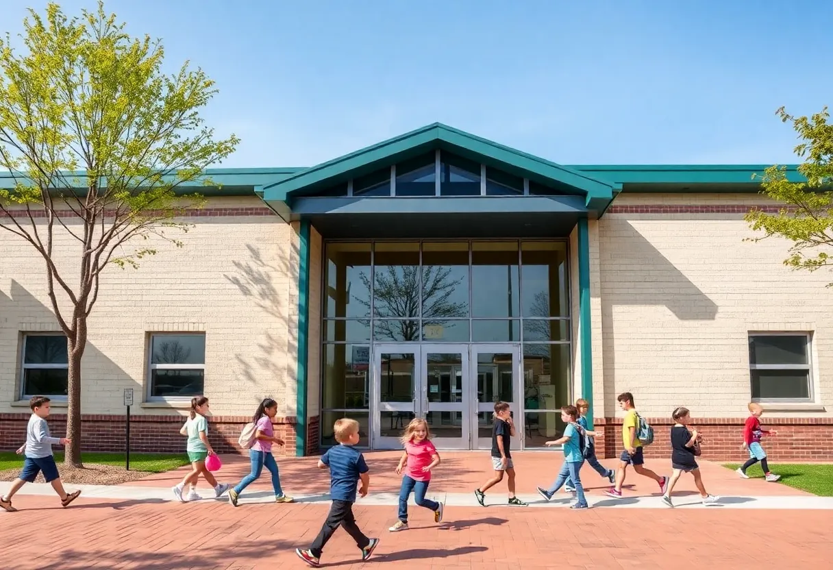 Exterior view of a school with new security features and students outside.