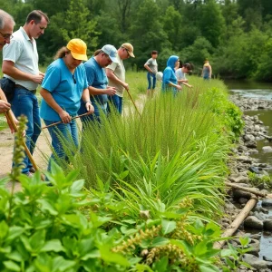 Volunteers removing invasive species along the French Broad River