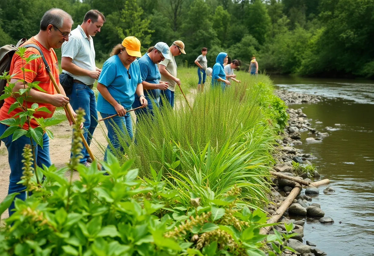 Volunteers removing invasive species along the French Broad River