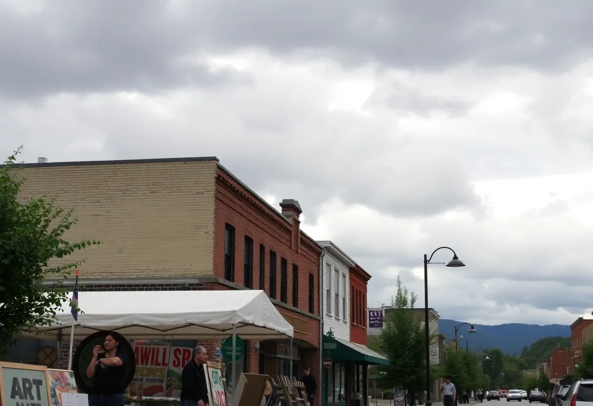 Downtown Asheville with art vendors and cloudy skies