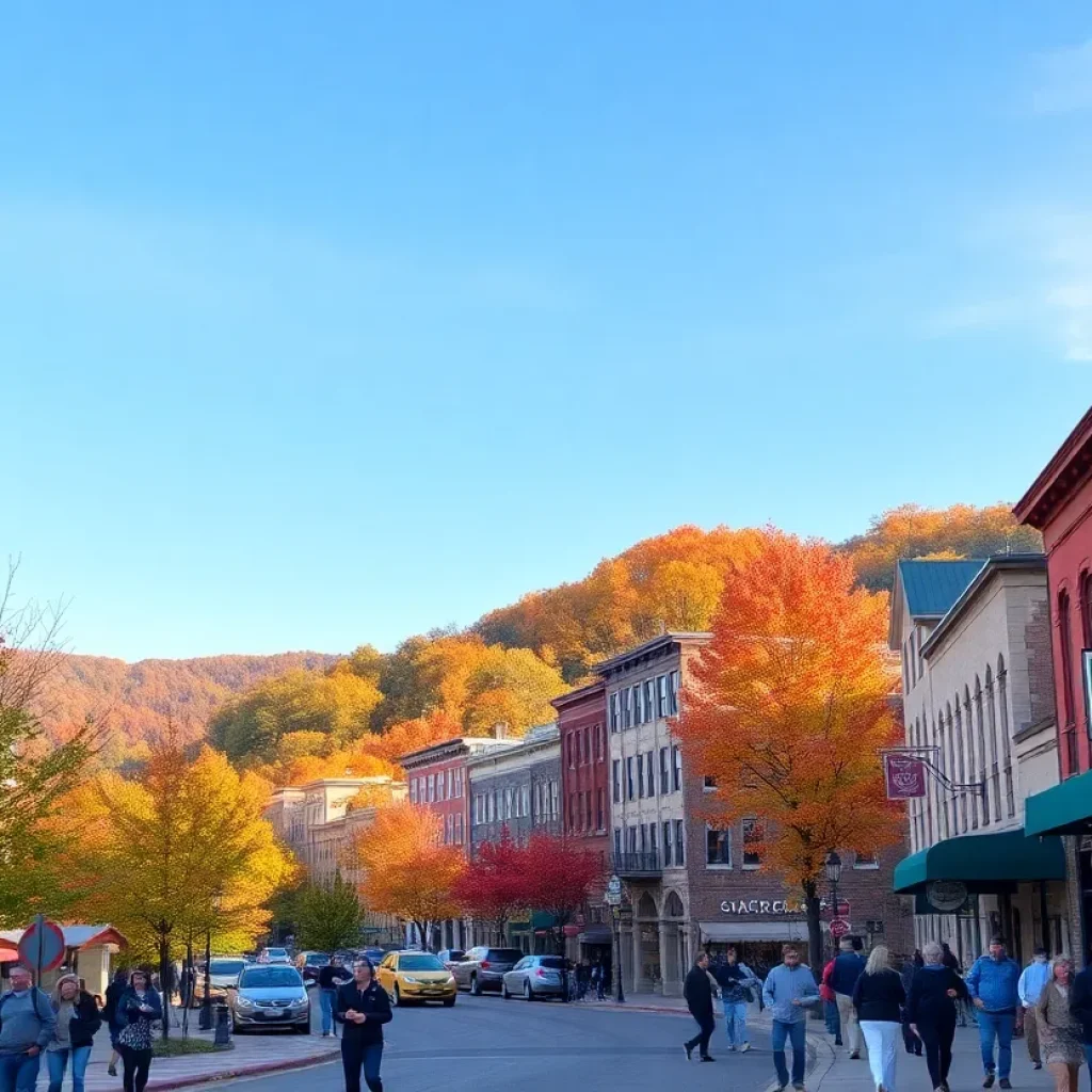 Vibrant downtown Asheville with autumn leaves and tourists