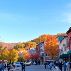Vibrant downtown Asheville with autumn leaves and tourists
