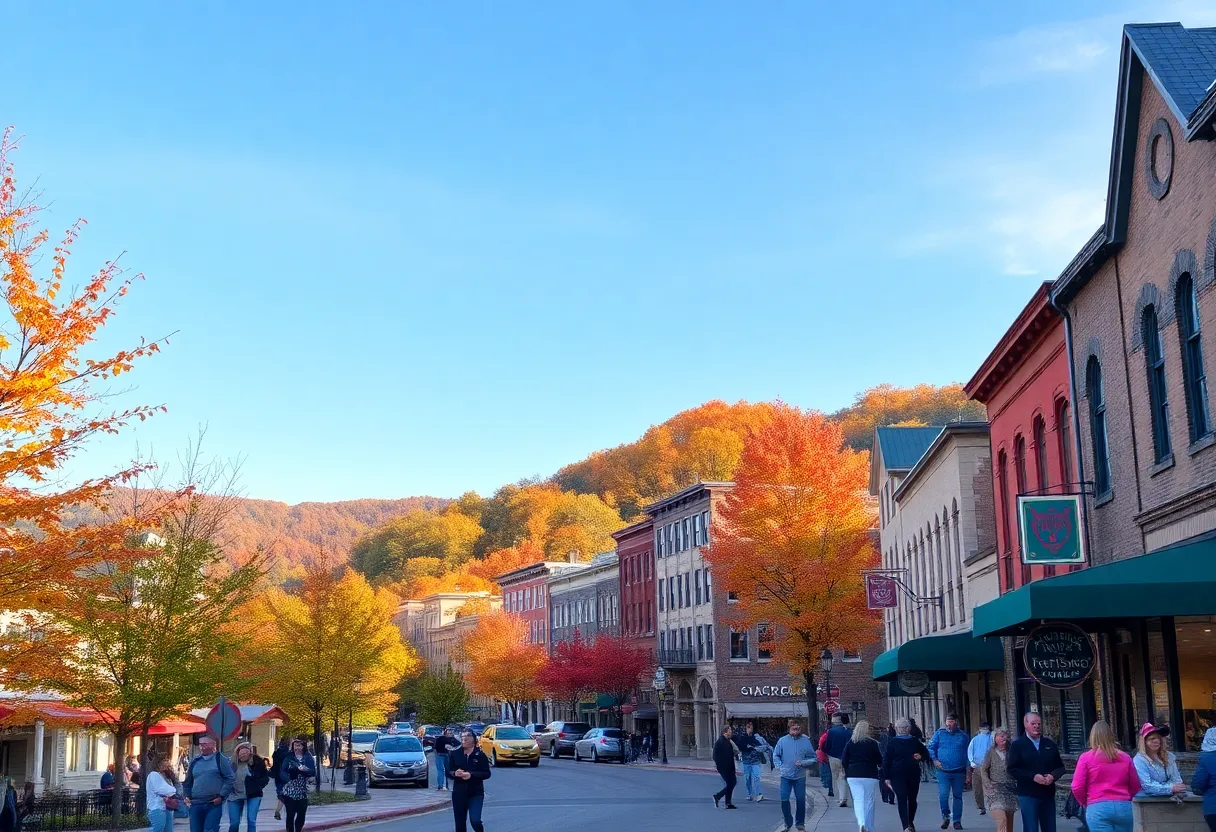 Vibrant downtown Asheville with autumn leaves and tourists