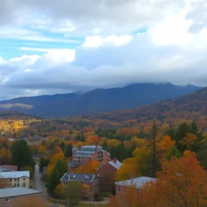 Scenic view of Asheville with fall foliage and cloudy sky