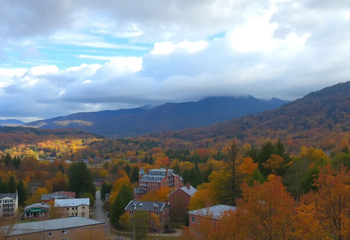 Scenic view of Asheville with fall foliage and cloudy sky