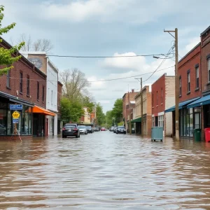 Flooded streets of Asheville's River Arts District after Hurricane Helene.