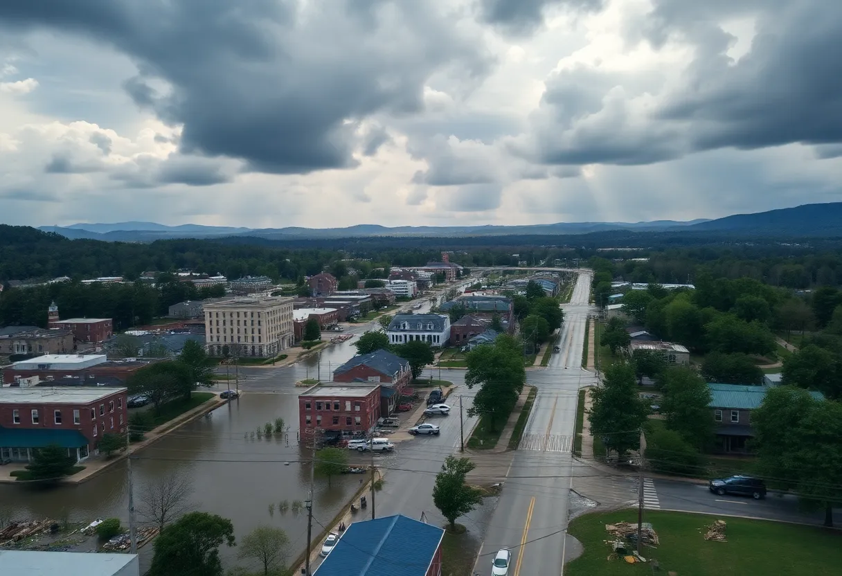 Flooded streets and damaged buildings in Asheville after Hurricane Helene