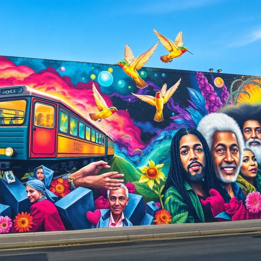 Colorful mural at The Wyre in Asheville, showcasing various artistic elements.