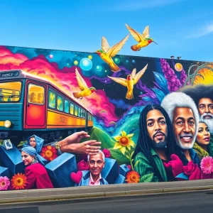 Colorful mural at The Wyre in Asheville, showcasing various artistic elements.