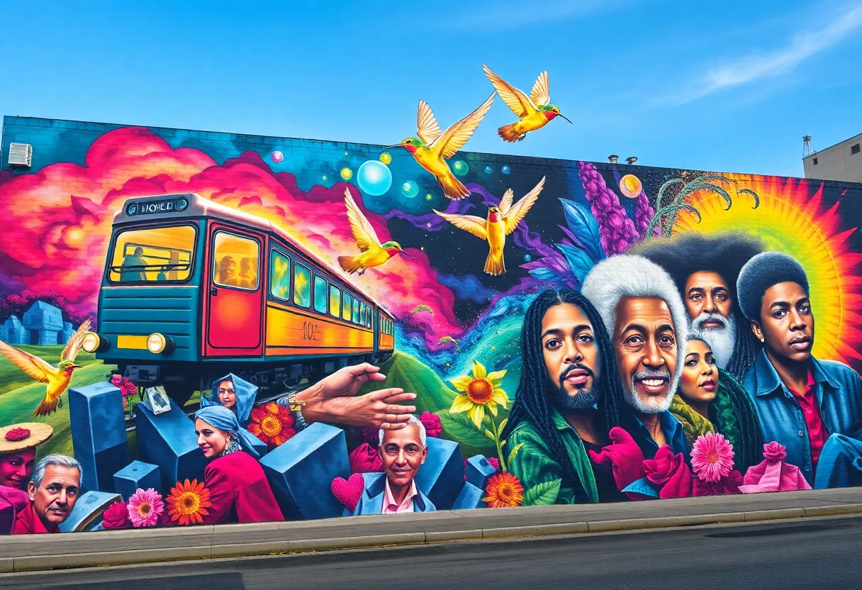 Colorful mural at The Wyre in Asheville, showcasing various artistic elements.