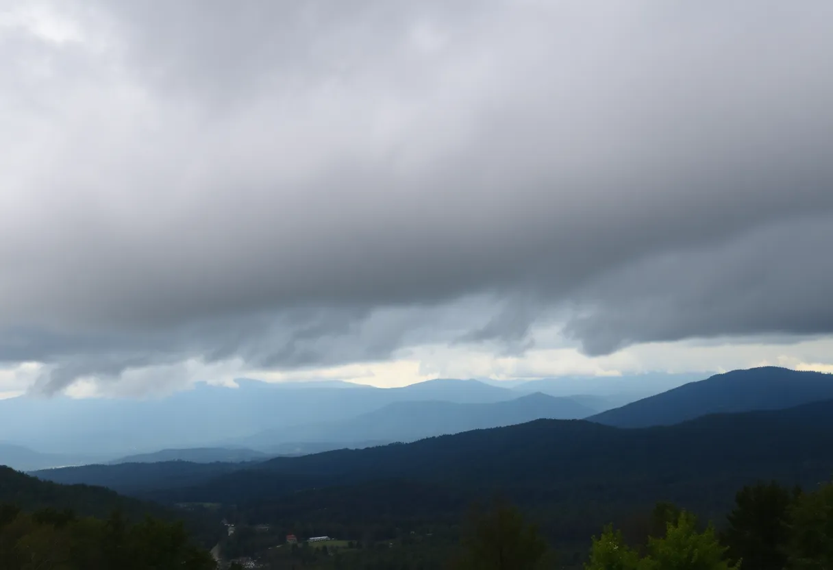 Storm clouds over Asheville, North Carolina with heavy rainfall
