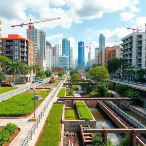 Urban landscape of Asheville focusing on recovery strategies with ongoing infrastructure work.