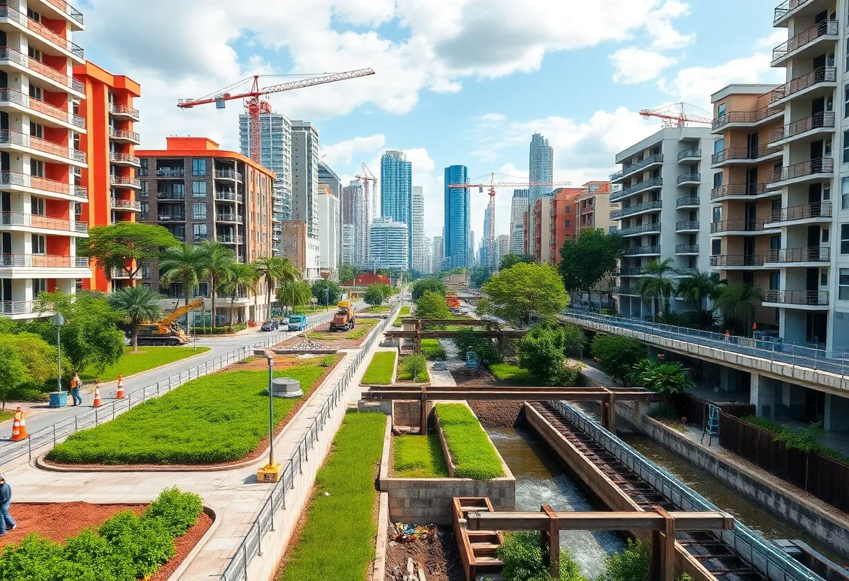 Urban landscape of Asheville focusing on recovery strategies with ongoing infrastructure work.