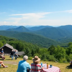 Retirees enjoying outdoor activities in Asheville, North Carolina, with the Blue Ridge Mountains in the background.