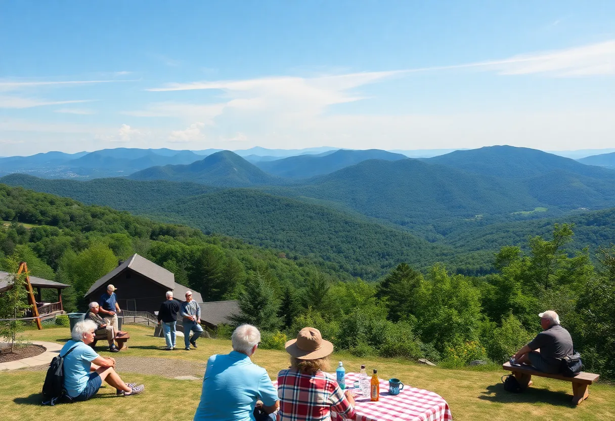 Retirees enjoying outdoor activities in Asheville, North Carolina, with the Blue Ridge Mountains in the background.