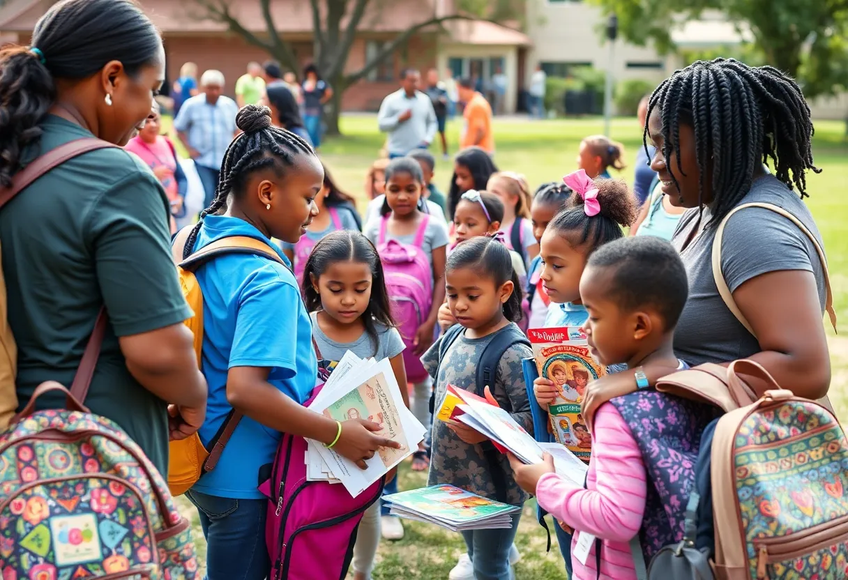Children receiving school supplies in Asheville