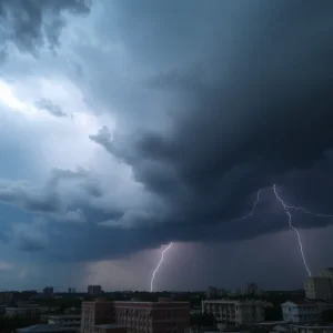 Dramatic weather over Asheville city streets