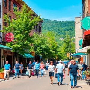 A lively street in Asheville, NC, showcasing various spas and shops.